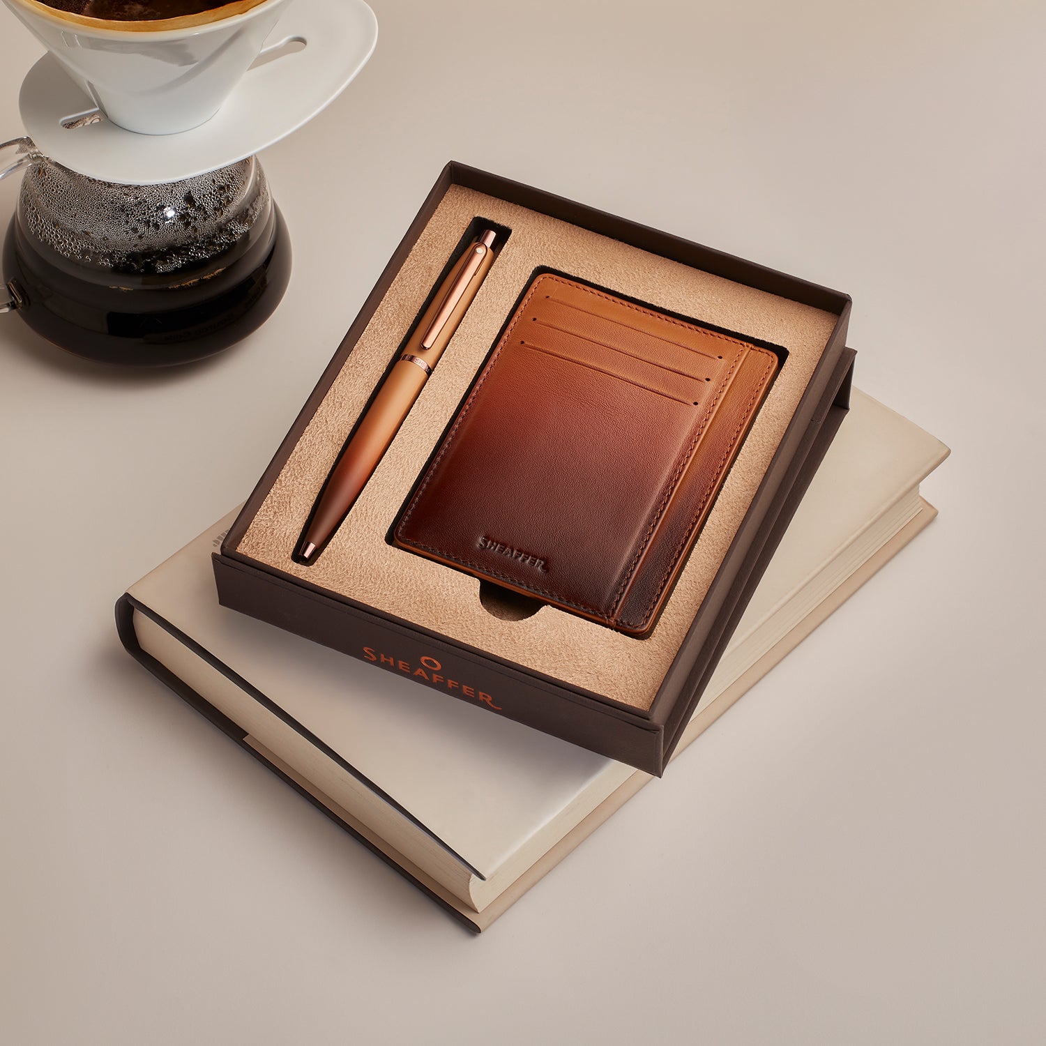 Sheaffer Gift Set ft. Coffee Edition VFM Ballpoint Pen with Regal Brown PVD Trims and Credit Card Holder