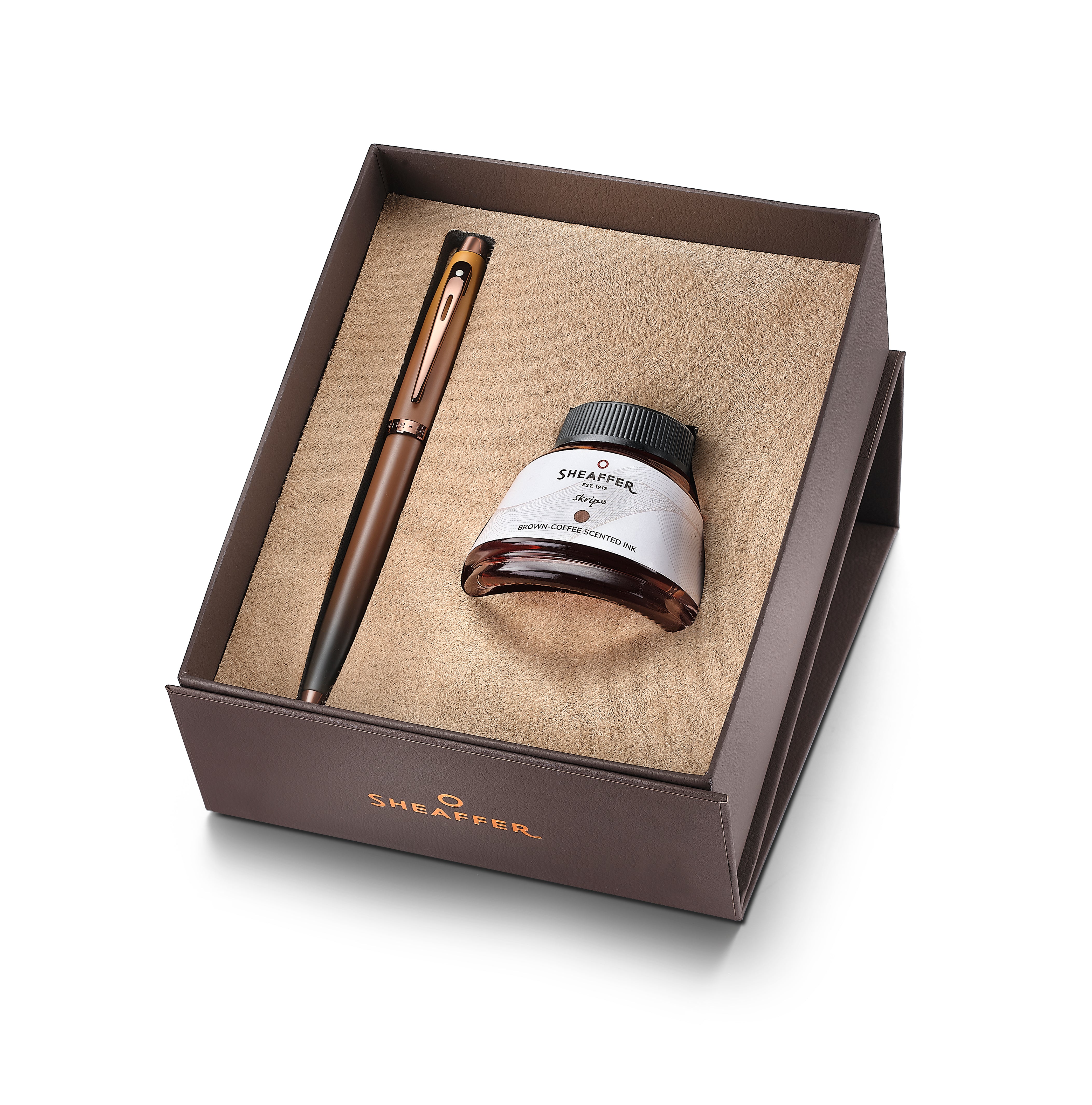Sheaffer Gift Set ft. Coffee Edition 100 9374 Matt Brown Fountain Pen with Regal Brown PVD Medium Nib and Trims and Coffee-Scented Brown Ink Bottle (50 ml)