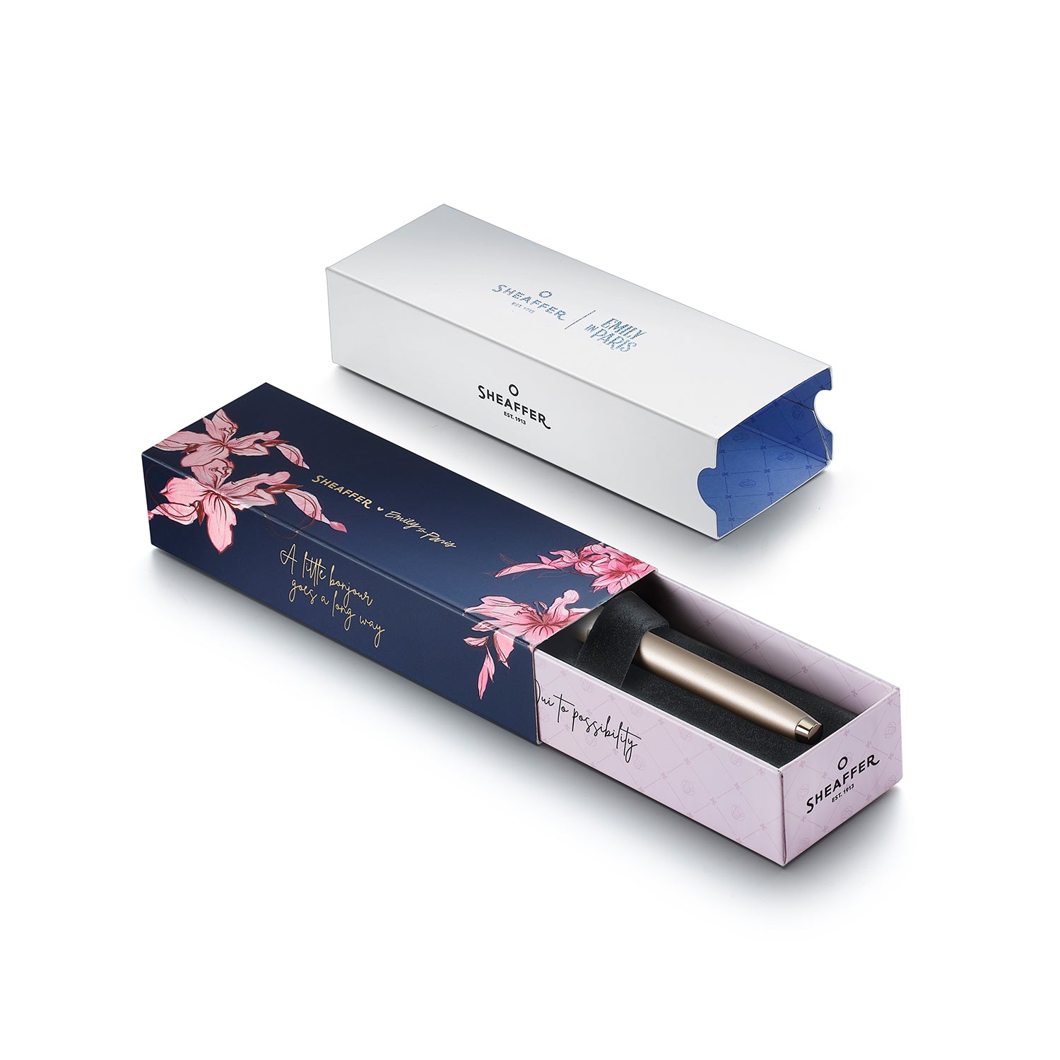 Sheaffer 100 Emily in Paris 9377 Champagne Gold Fountain Pen with Champagne Gold Trims and Bow-Shaped Clip Emblem (Medium)