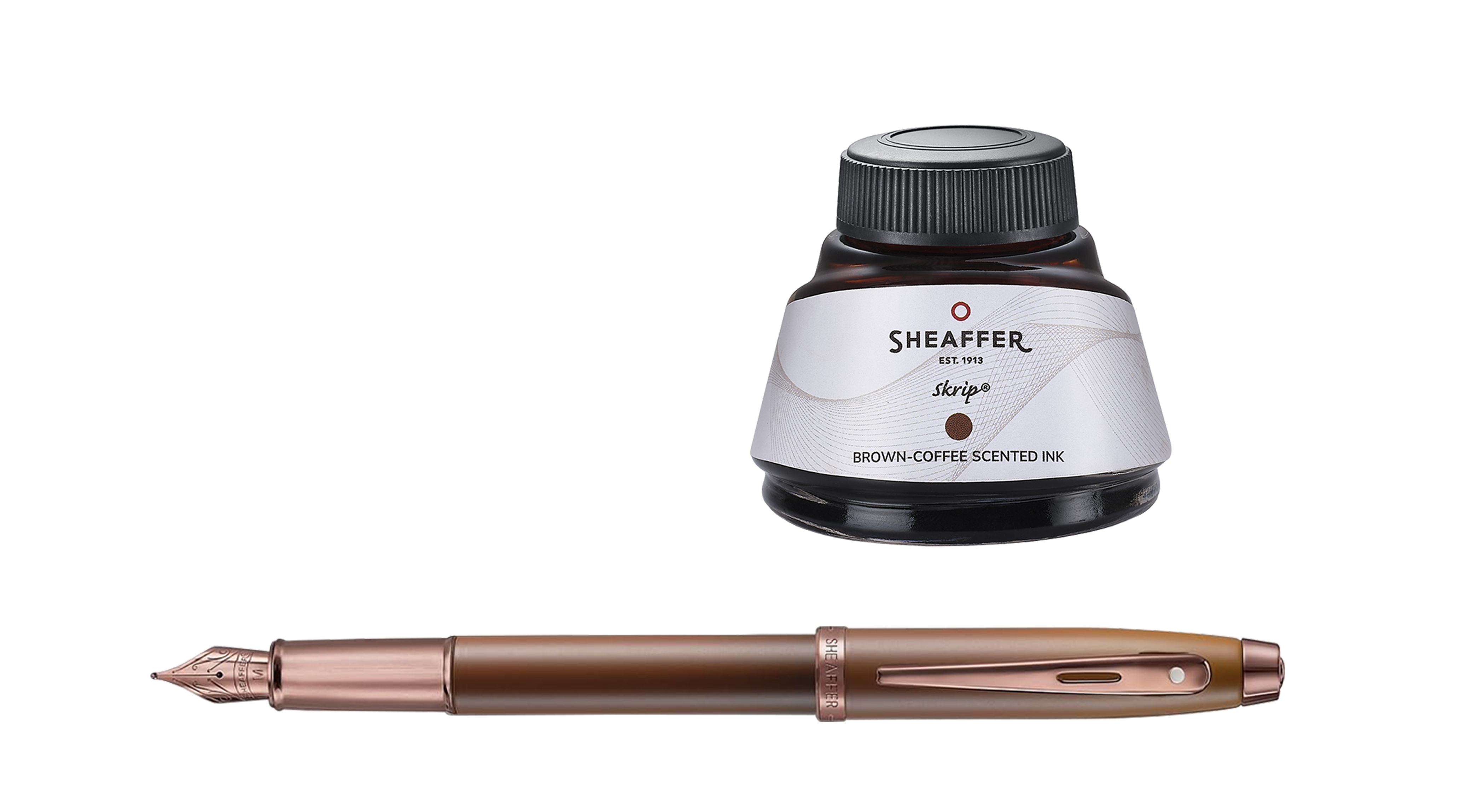 Sheaffer Gift Set ft. Coffee Edition 100 9374 Matt Brown Fountain Pen with Regal Brown PVD Medium Nib and Trims and Coffee-Scented Brown Ink Bottle (50 ml)